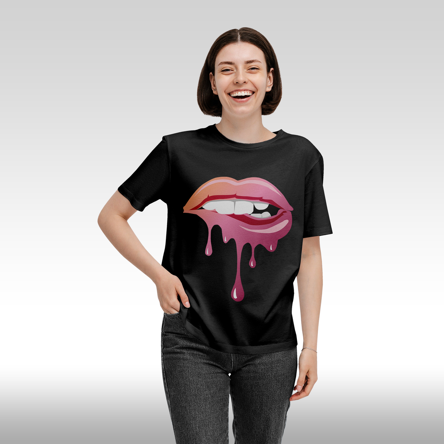 Tricou Negru personalizat bumbac Fata Dama buze "Melting Lips" streetwear
