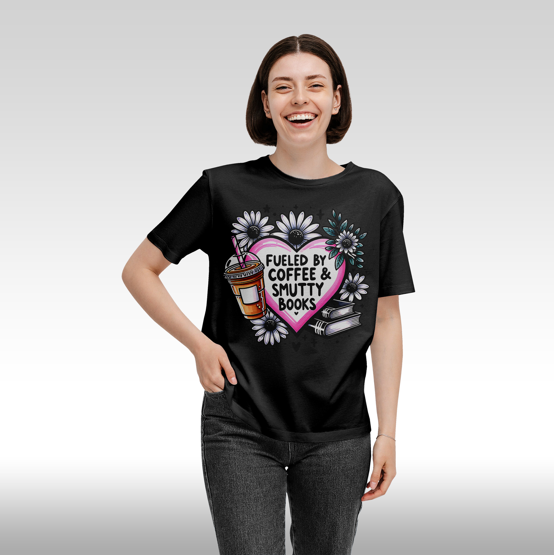 Tricou Negru personalizat bumbac Fata Dama cafea "Fueled by Coffee & Smutty Books" streetwear
