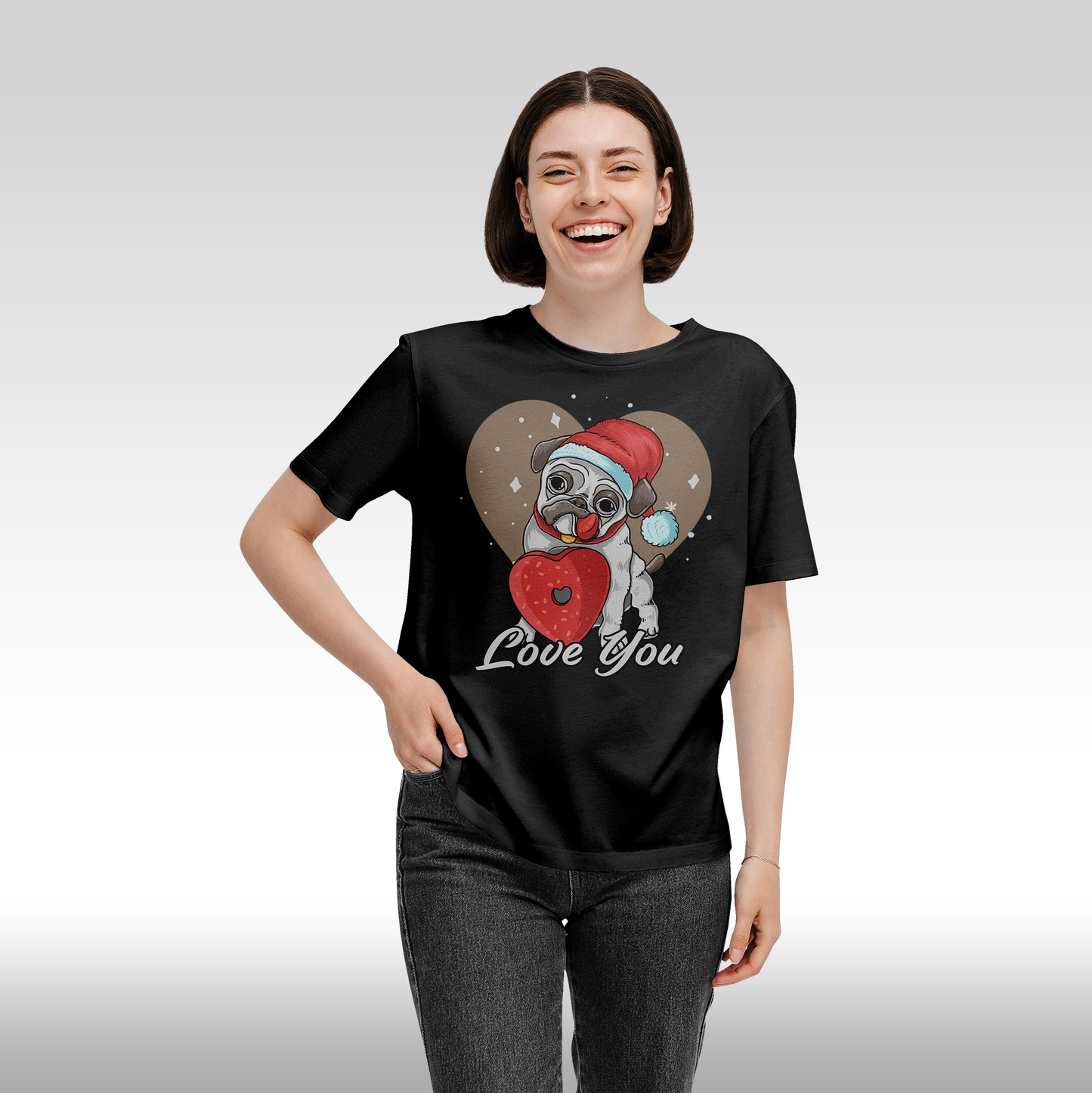 Tricou Negru personalizat bumbac Fata Dama catel "Love You" streetwear
