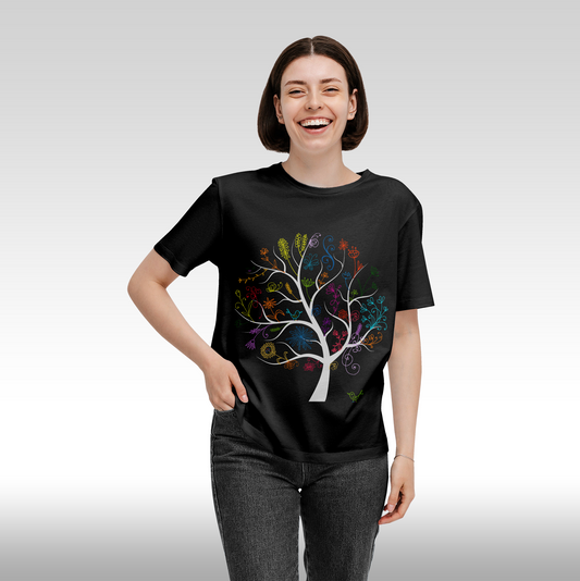 Tricou Negru personalizat bumbac Fata Dama  copac "Rainbow Tree" streetwear
