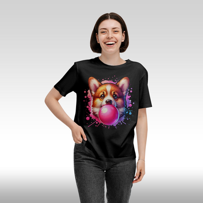 Tricou Negru personalizat bumbac Fata Dama corgi catel "Bubble Gum Dog" streetwear
