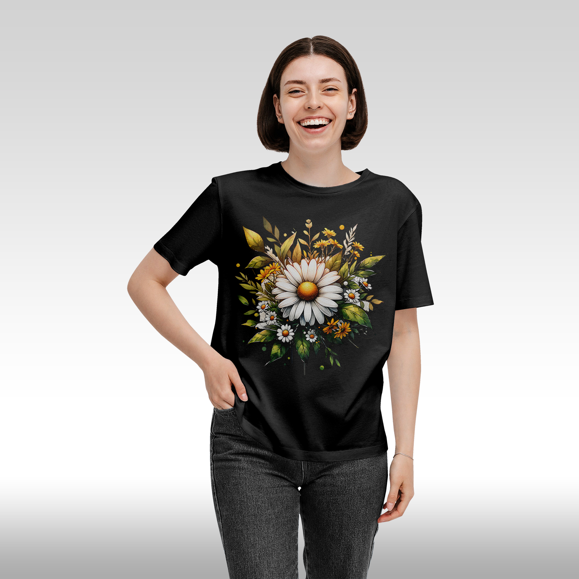 Tricou Negru personalizat bumbac Fata Dama flori "Golden Daisy" streetwear
