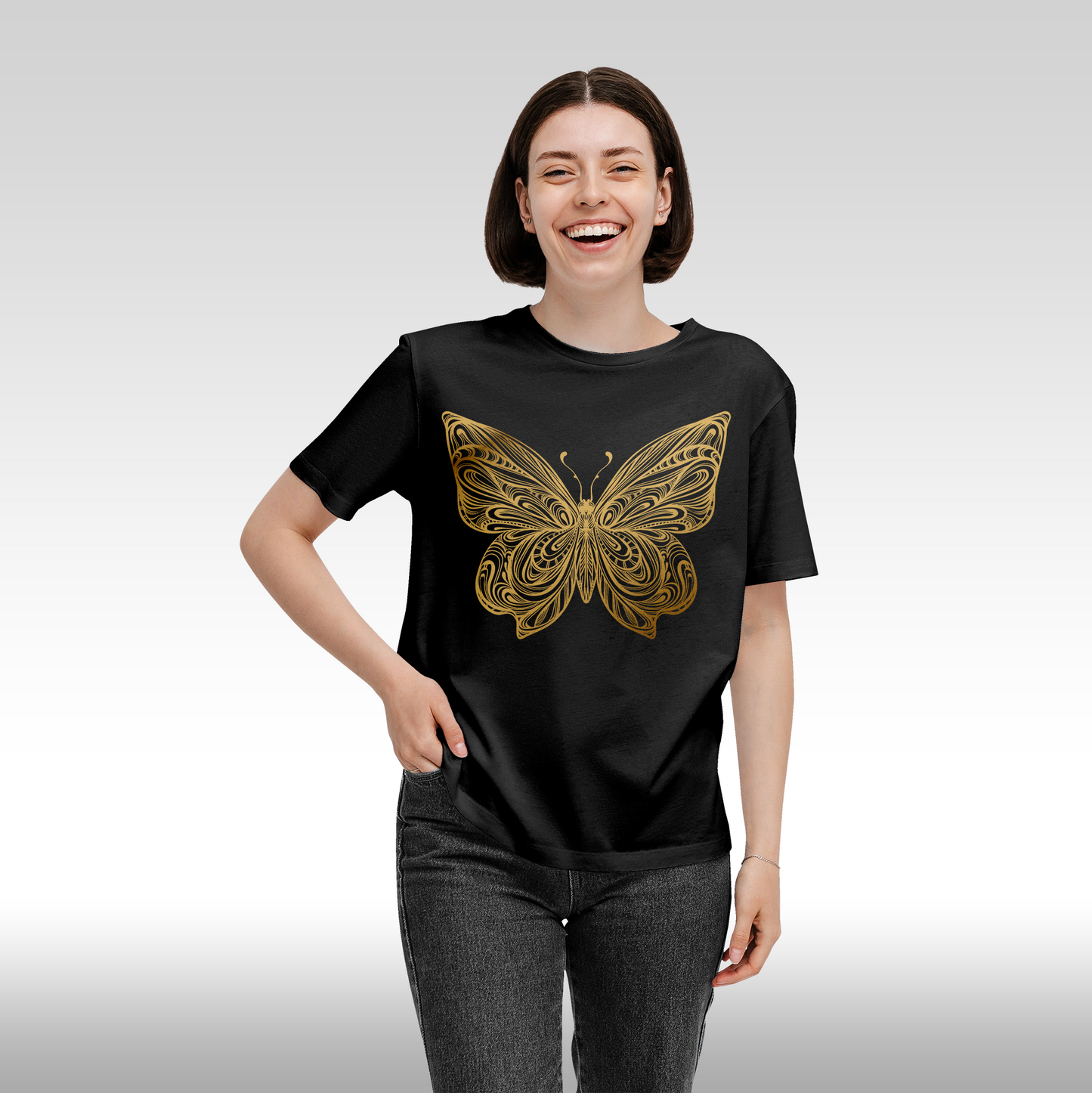 Tricou Negru personalizat bumbac Fata Dama fluture "Golden Butterfly" streetwear

