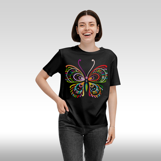 Tricou Negru personalizat bumbac Fata Dama fluture "Spectrum Butterfly" streetwear
