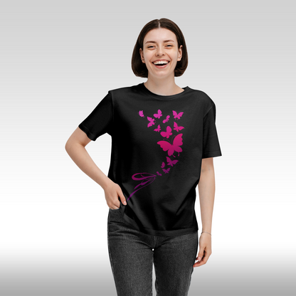 Tricou Negru personalizat bumbac Fata Dama  fluturi "Pink Butterflies" streetwear
