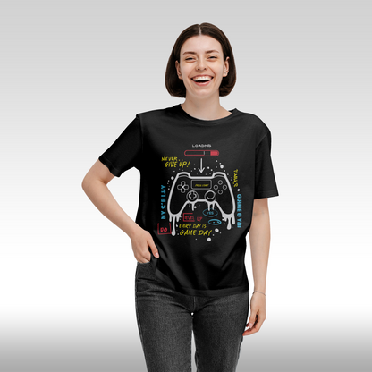 Tricou Negru personalizat bumbac Fata Dama gaming "Every Day is Game Day" streetwear
