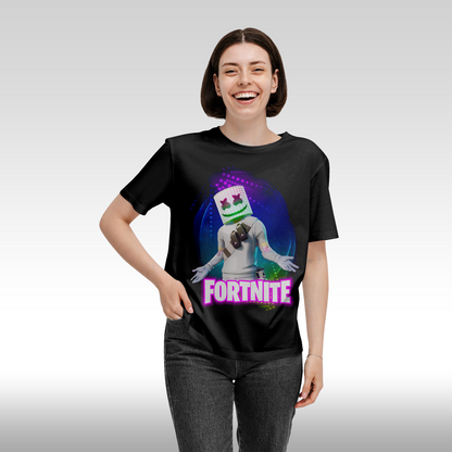 Tricou Negru personalizat bumbac Fata dama gaming "Fortnite Marshmello" streetwear
