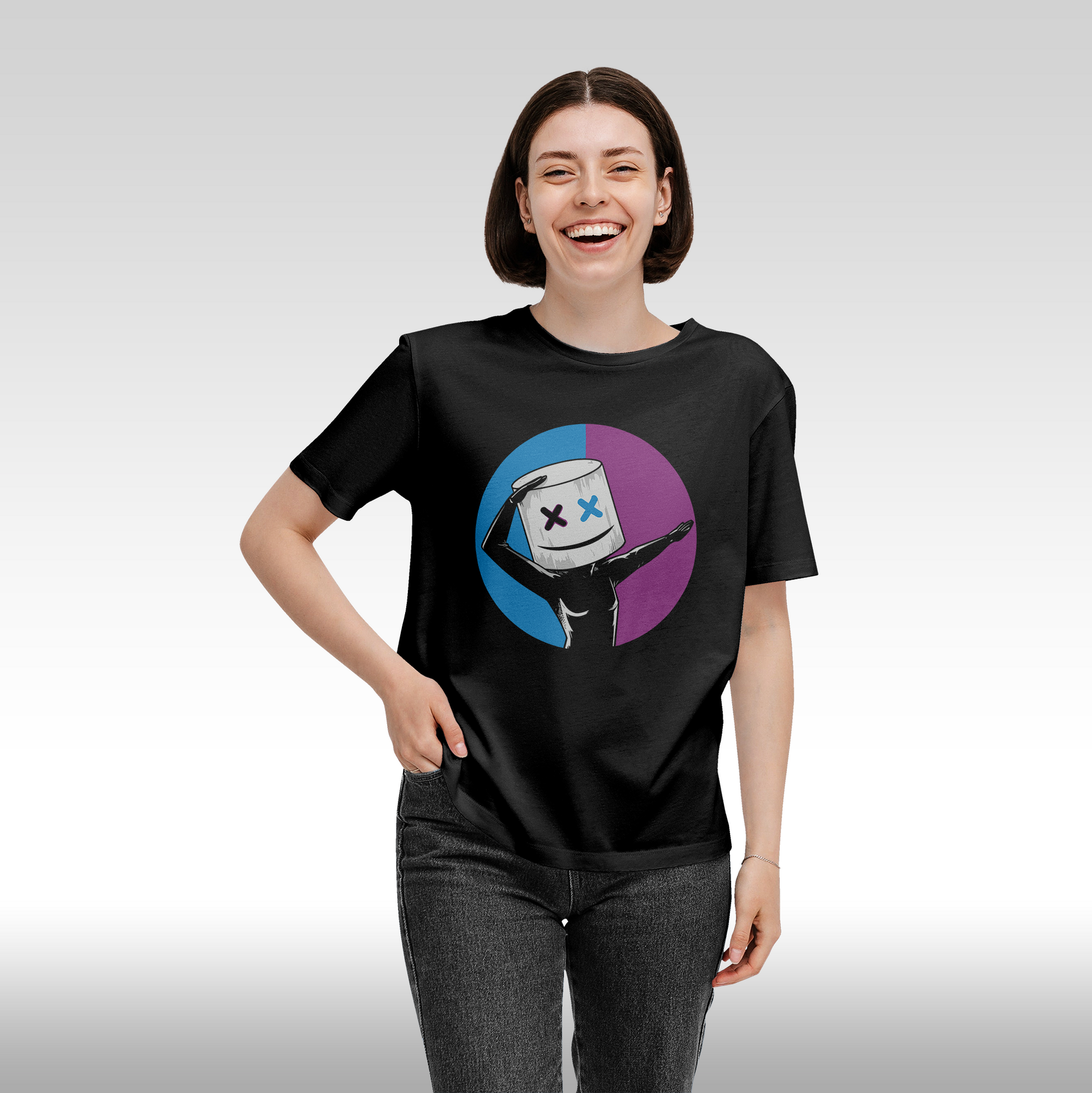 Tricou Negru personalizat bumbac Fata Dama gaming "Marshmello Blue-Purple" streetwear
