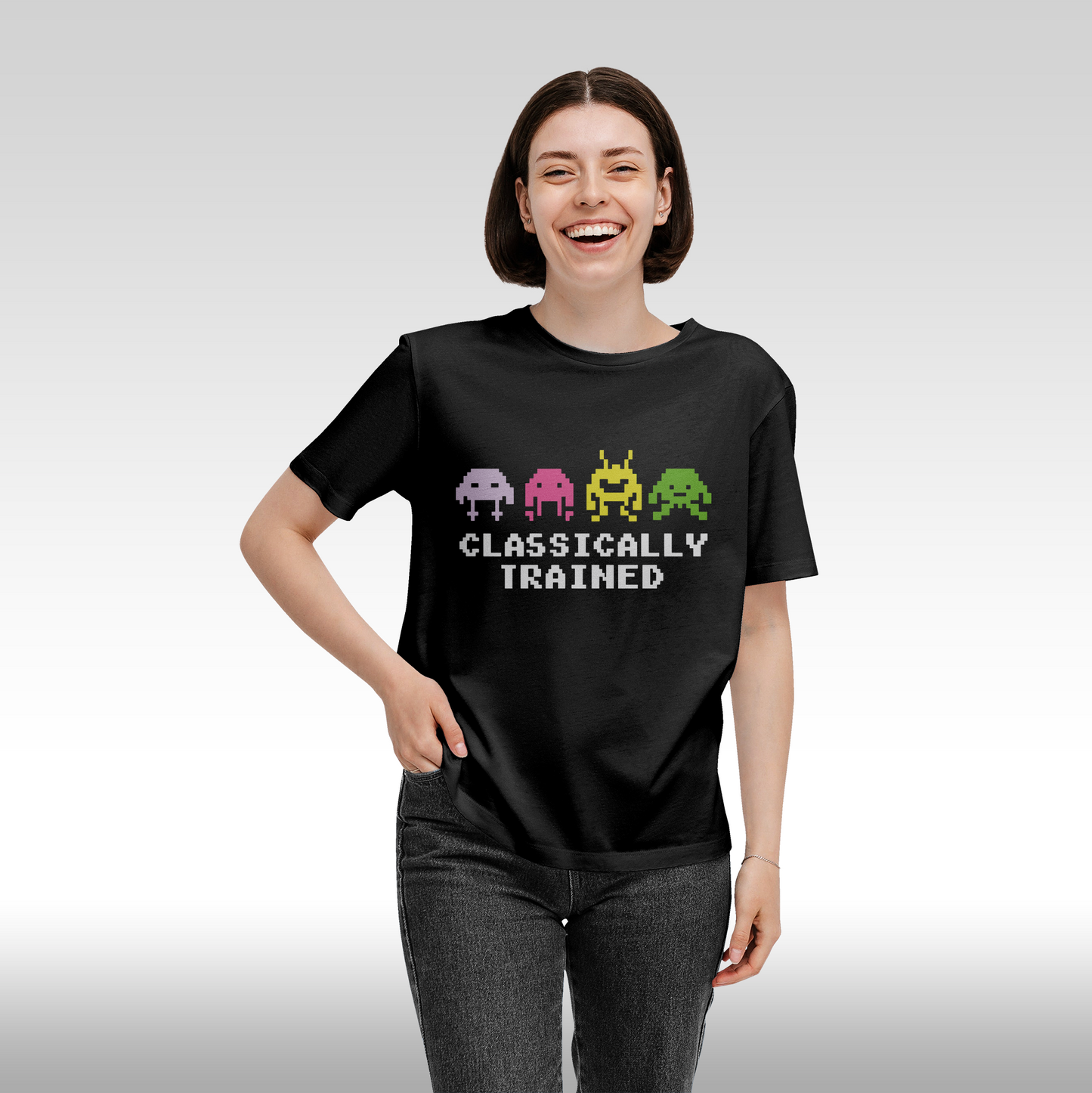 Tricou Negru personalizat bumbac Fata Dama gaming pacman "Classically Trained" streetwear
