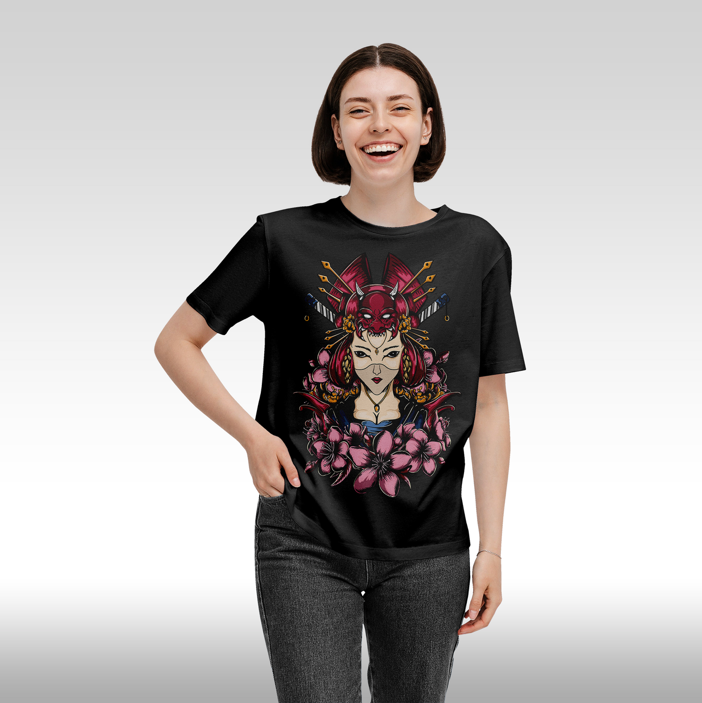 Tricou Negru personalizat bumbac Fata Dama geisha "Kunoichi Bloom" streetwear
