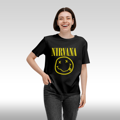 Tricou Negru personalizat bumbac Fata Dama rock "Nirvana Yellow Face" streetwear

