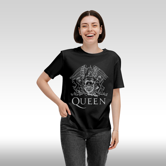Tricou Negru personalizat bumbac Fata Dama rock "Queen Emblem" streetwear
