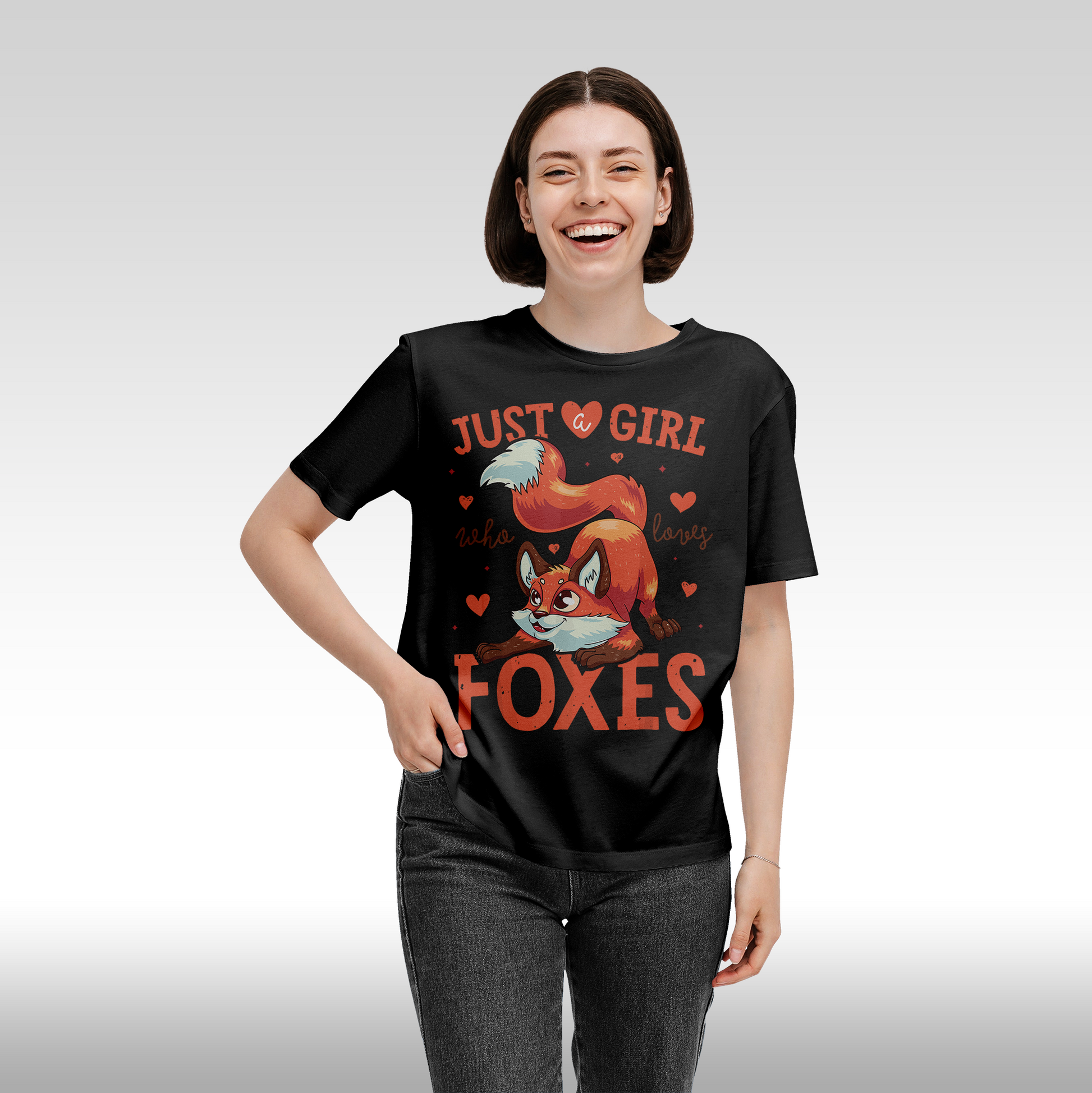 Tricou Negru personalizat bumbac Fata Dama vulpe "Just a Girl Who Loves Foxes" streetwear
