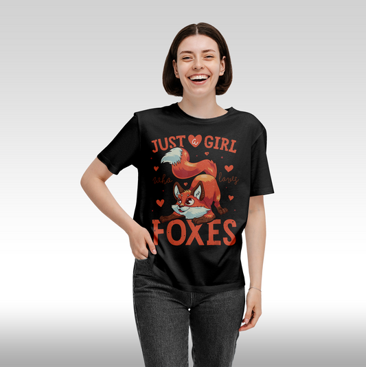 Tricou Negru personalizat bumbac Fata Dama vulpe "Just a Girl Who Loves Foxes" streetwear

