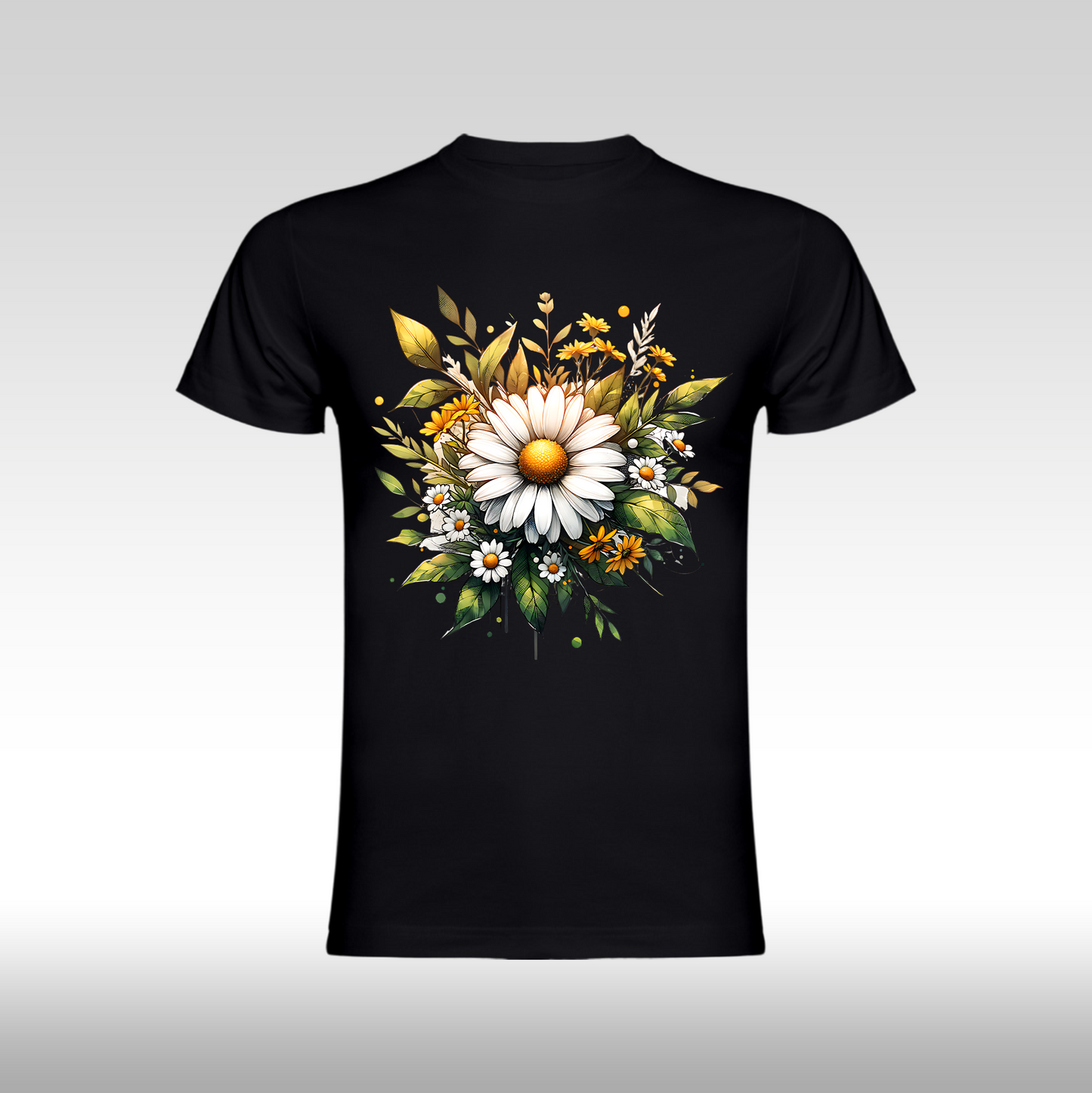 Tricou Negru personalizat bumbac Fata Dama flori "Golden Daisy" streetwear
