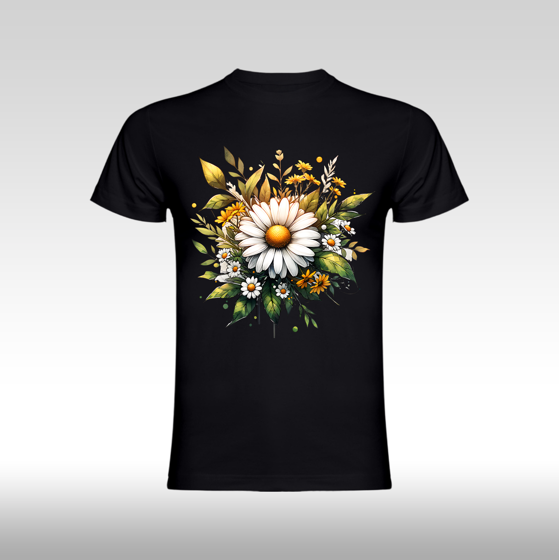 Tricou Negru personalizat bumbac Fata Dama flori "Golden Daisy" streetwear

