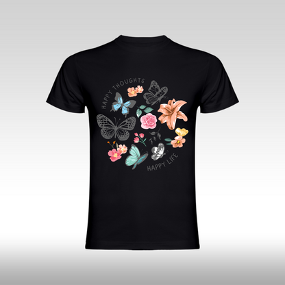 Tricou Negru personalizat bumbac Fata Dama flori "Happy Thoughts, Happy Life" streetwear
