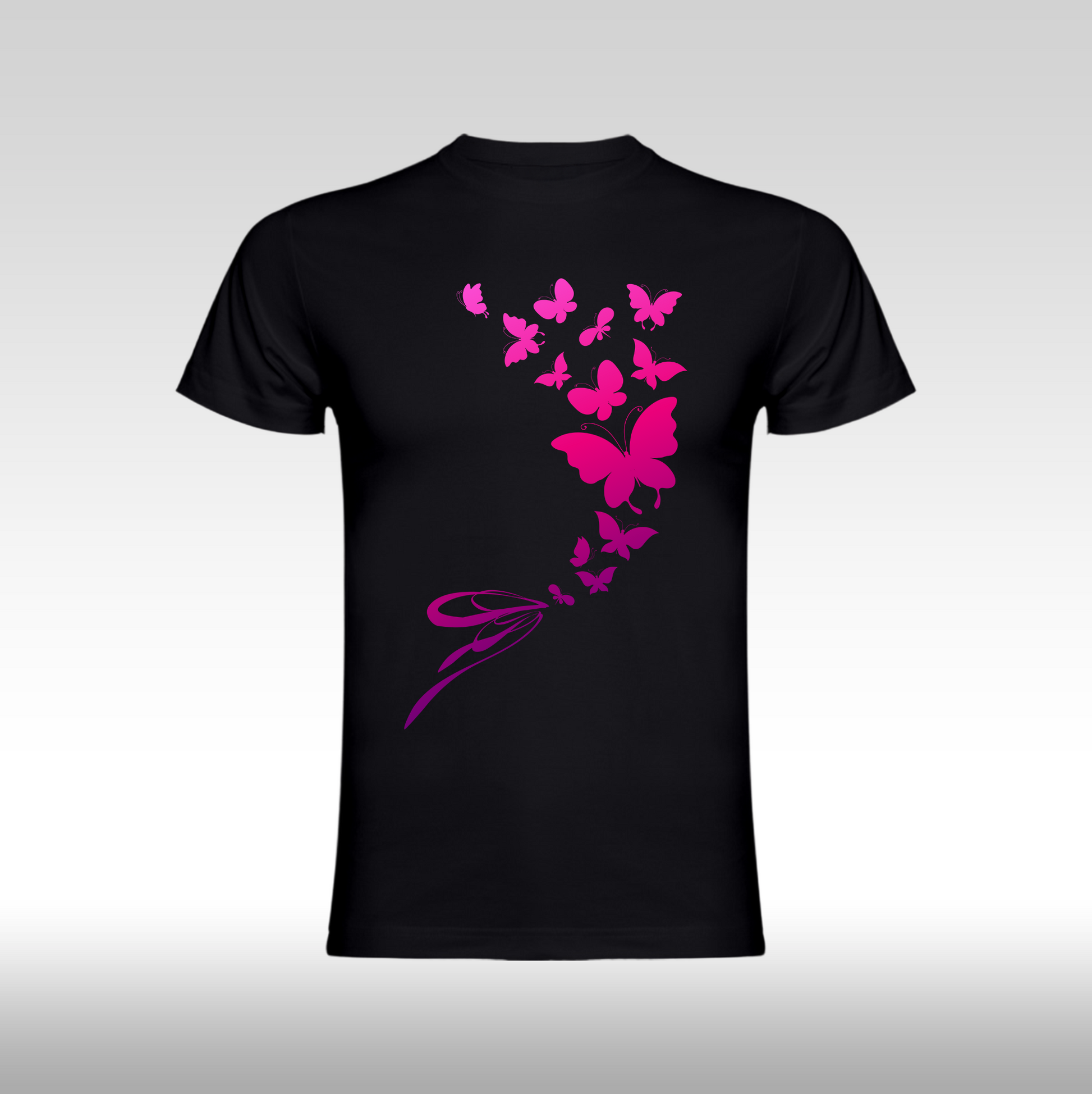 Tricou Negru personalizat bumbac Fata Dama  fluturi "Pink Butterflies" streetwear
