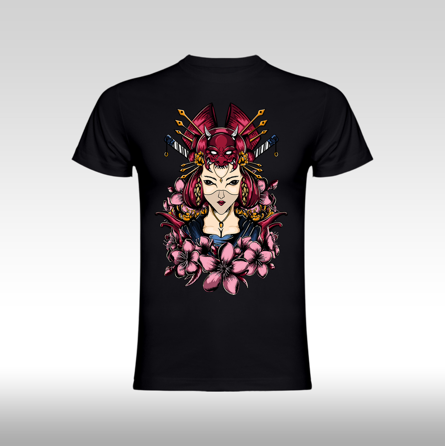 Tricou Negru personalizat bumbac Fata Dama geisha "Kunoichi Bloom" streetwear
