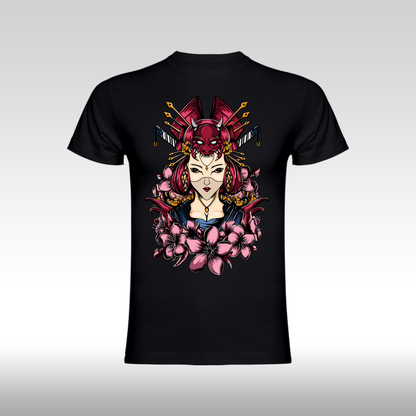 Tricou Negru personalizat bumbac Fata Dama geisha "Kunoichi Bloom" streetwear
