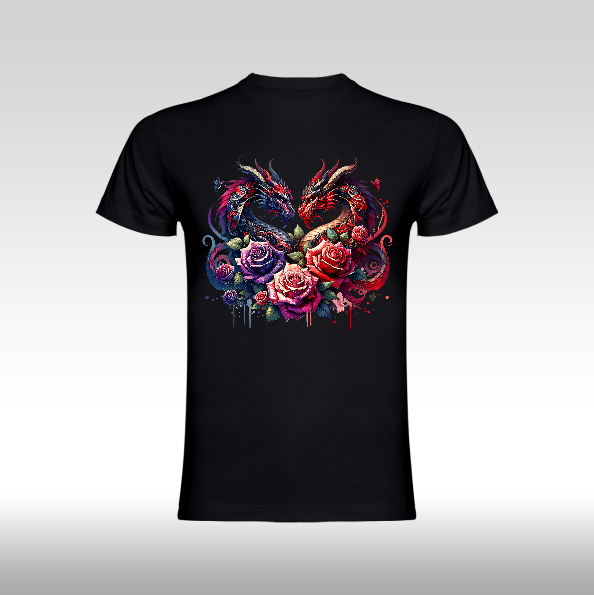 Tricou Negru personalizat bumbac Fata Dama trandafiri "Dragon Rose" streetwear
