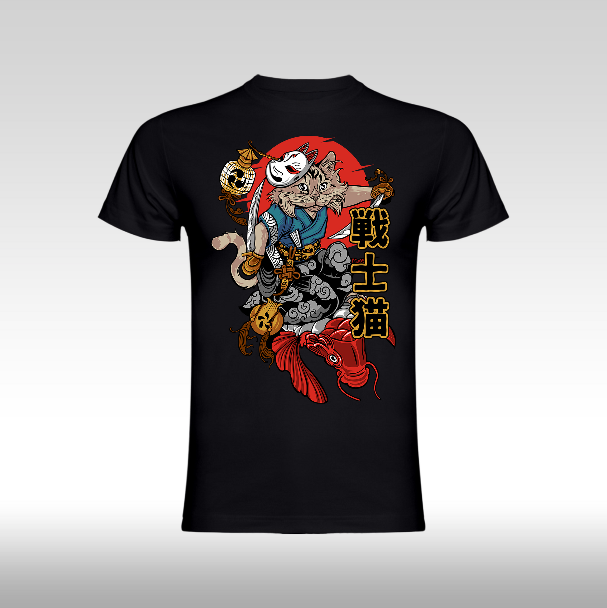 Tricou Negru personalizat bumbac anime "Ninja Cat" streetwear
