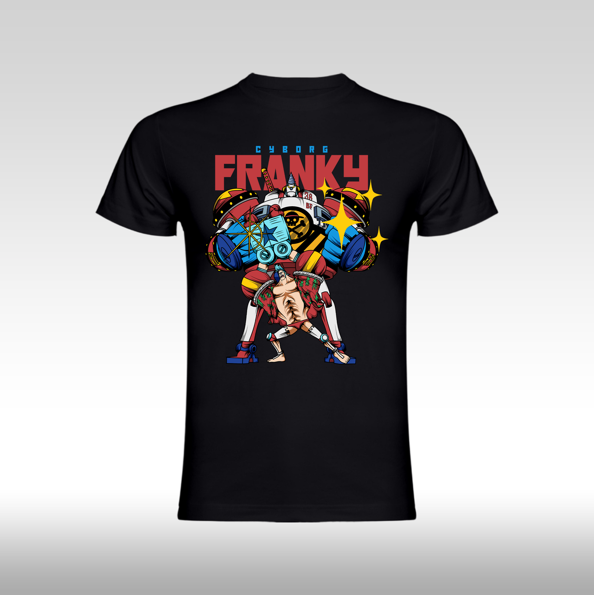 Tricou Negru personalizat bumbac anime "One Piece Cyborg Franky" streetwear
