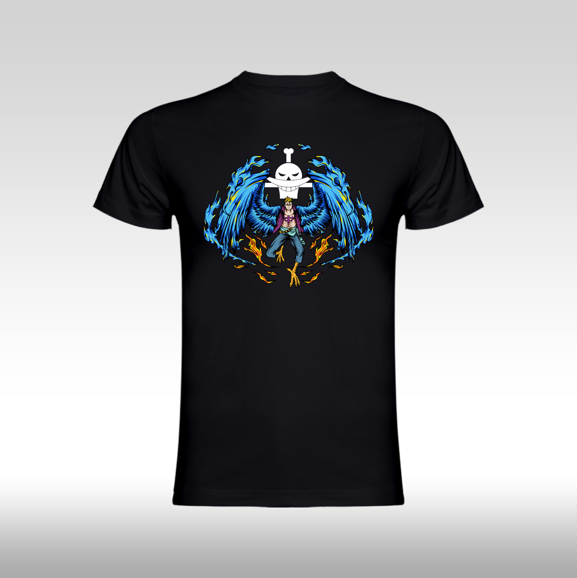 Tricou Negru personalizat bumbac anime "One Piece Marco The Phoenix" streetwear

