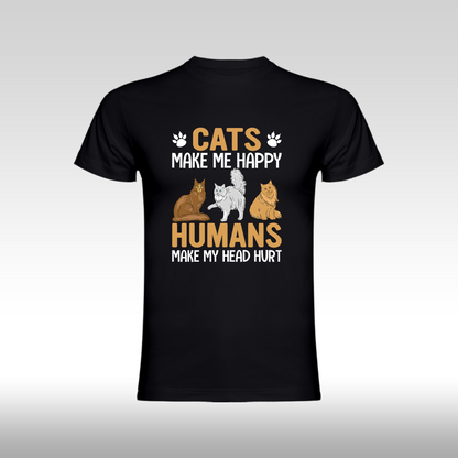 Tricou Negru personalizat bumbac pisici "Cats Make Me Happy" streetwear
