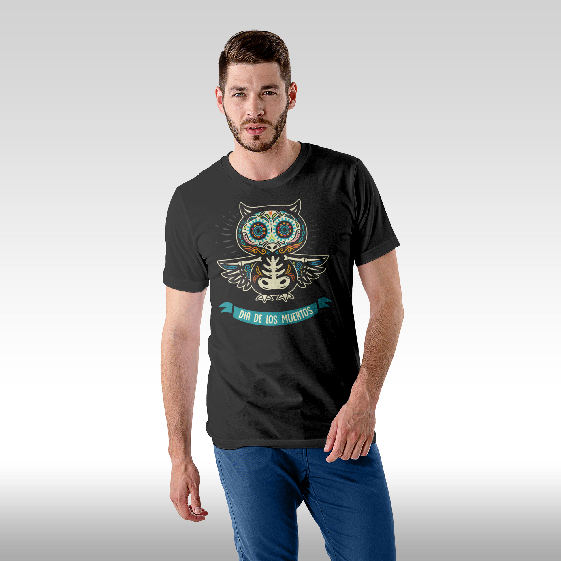 Tricou Negru personalizat bumbac Fata Barbat urban "Dia De Los Muertos bufnita" streetwear
