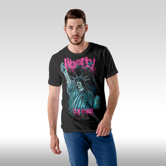 Tricou Negru personalizat bumbac Fata Barbat urban "Liberty Forever" streetwear
