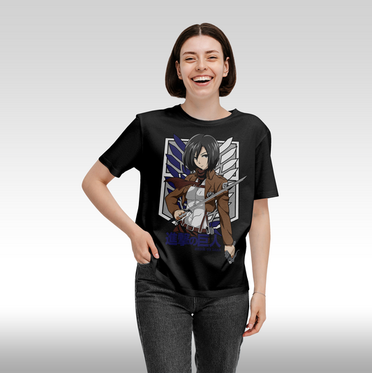 Tricou Negru personalizat bumbac Fata dama anime "Attack On Titan: Mikasa" streetwear

