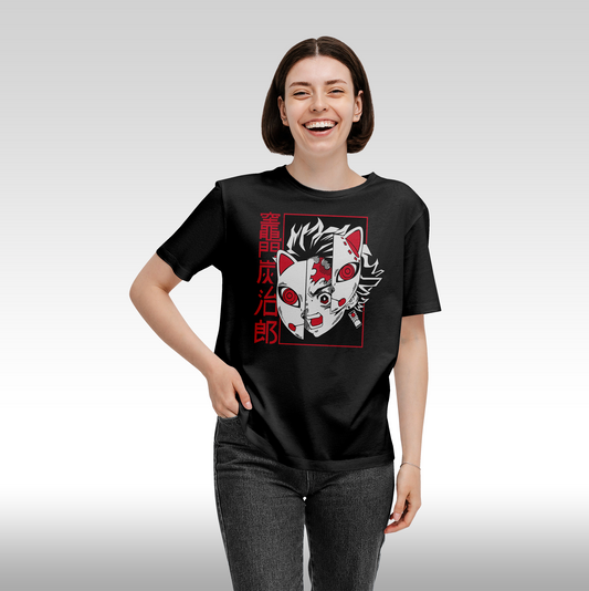 Tricou Negru personalizat bumbac Fata dama anime "Demon Slayer: Tanjiro Kamado" streetwear
