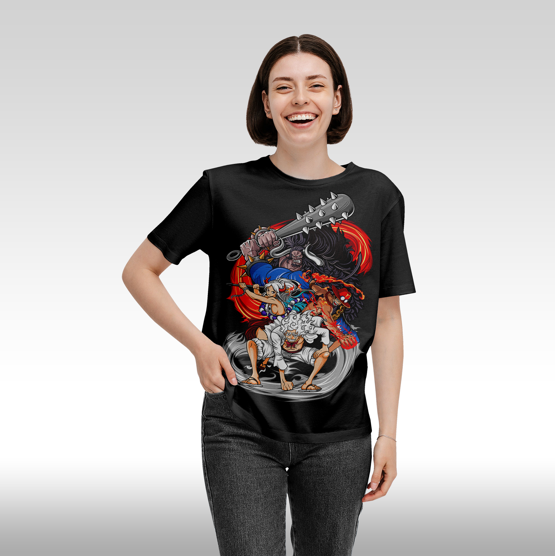 Tricou Negru personalizat bumbac Fata dama anime "Fight Against Kaido" streetwear
