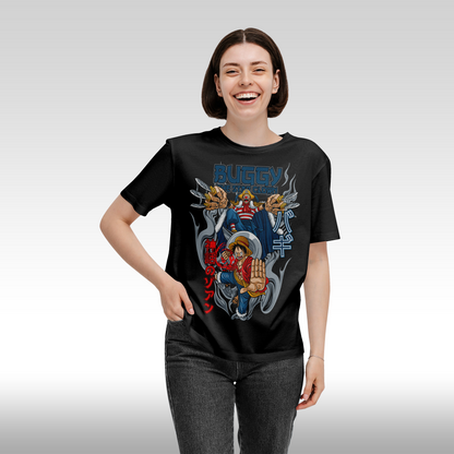 Tricou Negru personalizat bumbac Fata dama anime "Luffy, Buggy The Star Clown" streetwear
