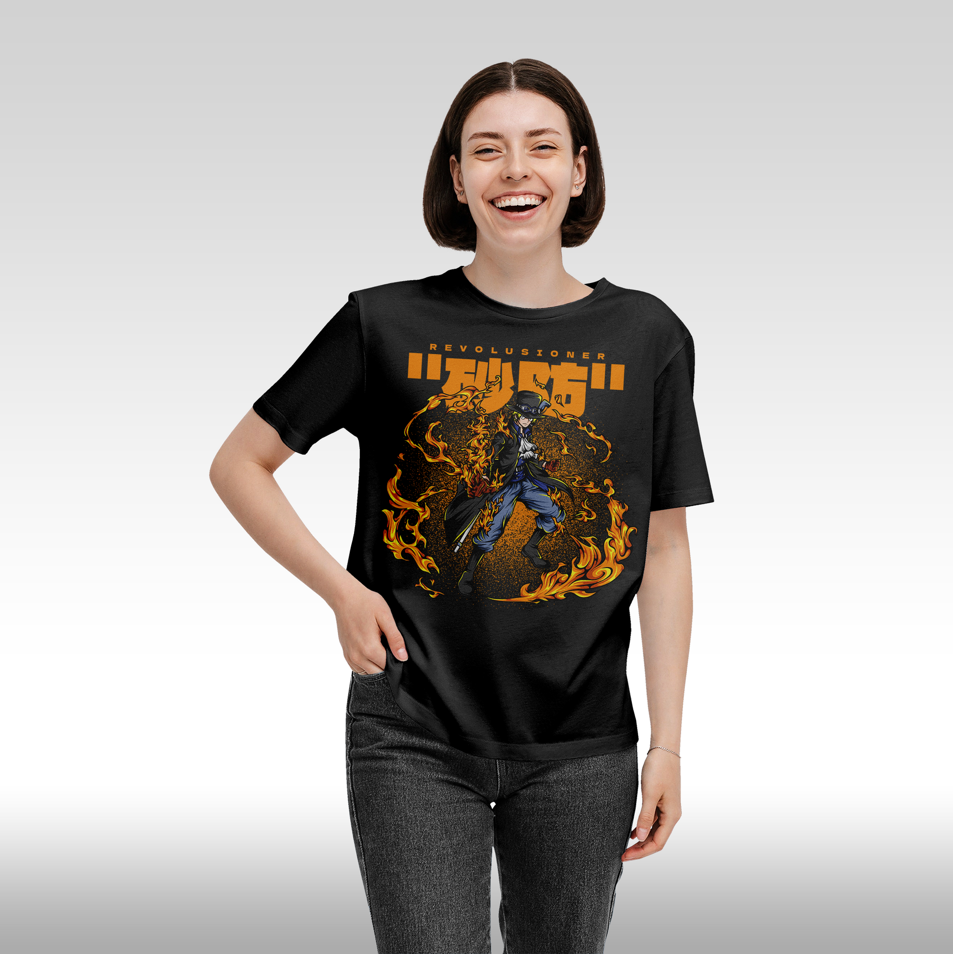 Tricou Negru personalizat bumbac Fata Dama anime "One Piece Revolutionary Sabo" streetwear
