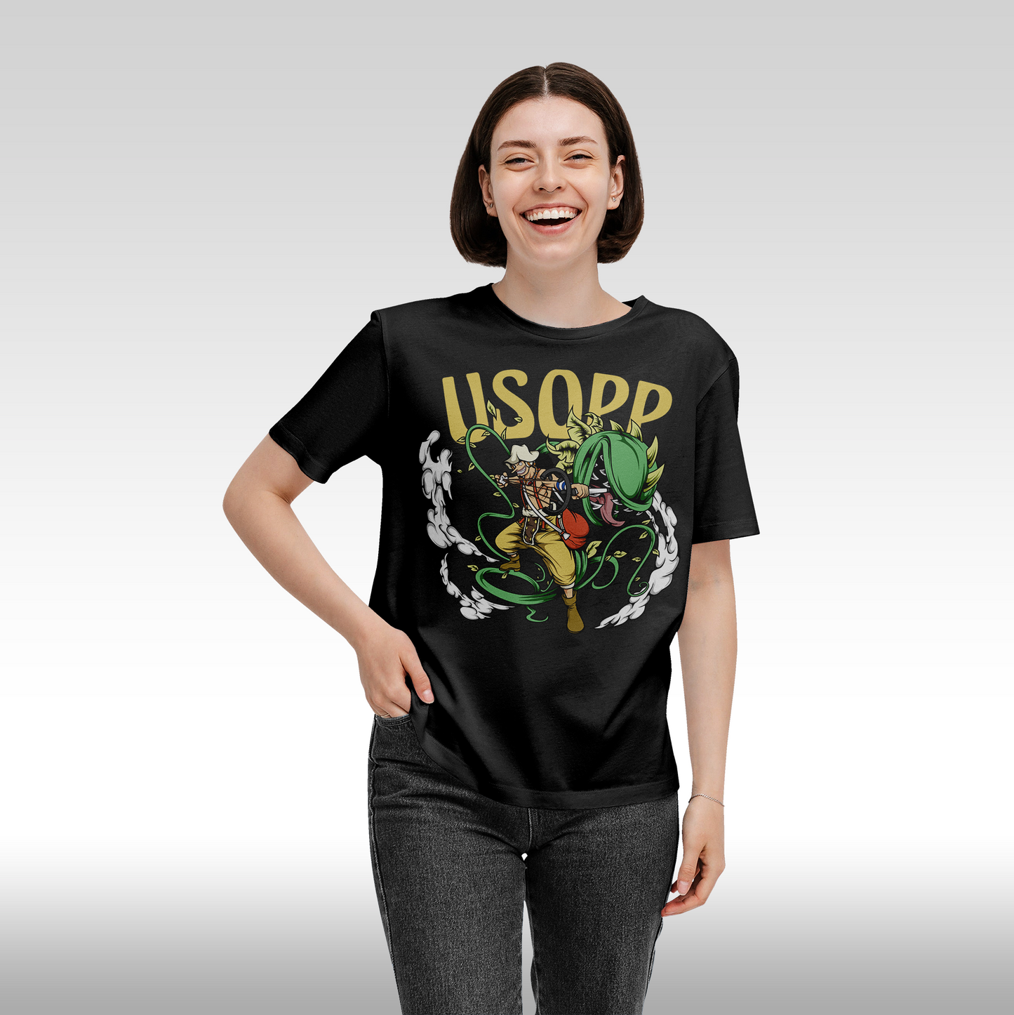 Tricou Negru personalizat bumbac Fata Dama anime "One Piece Usopp streetwear
