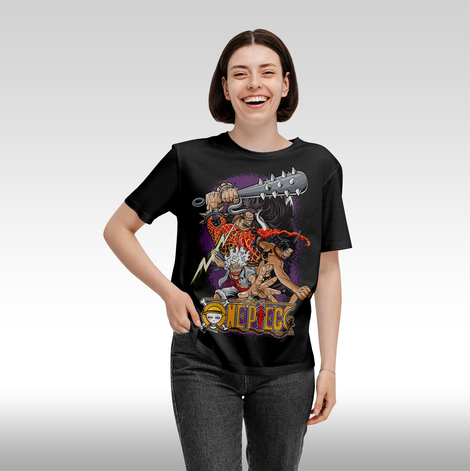 Tricou Negru personalizat bumbac Fata dama anime "One Piece: Luffy Gear 5" streetwear
