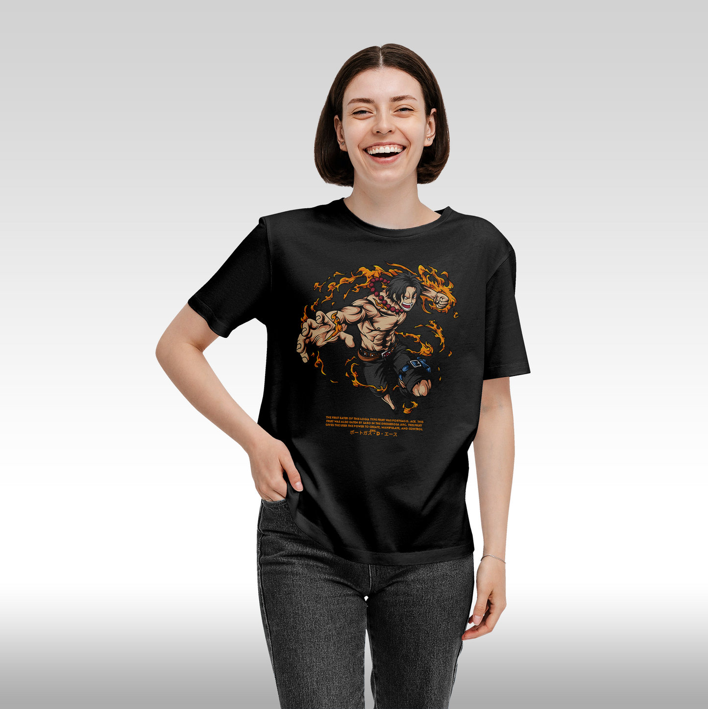 Tricou Negru personalizat bumbac Fata dama anime "Portgas-D-Ace" streetwear
