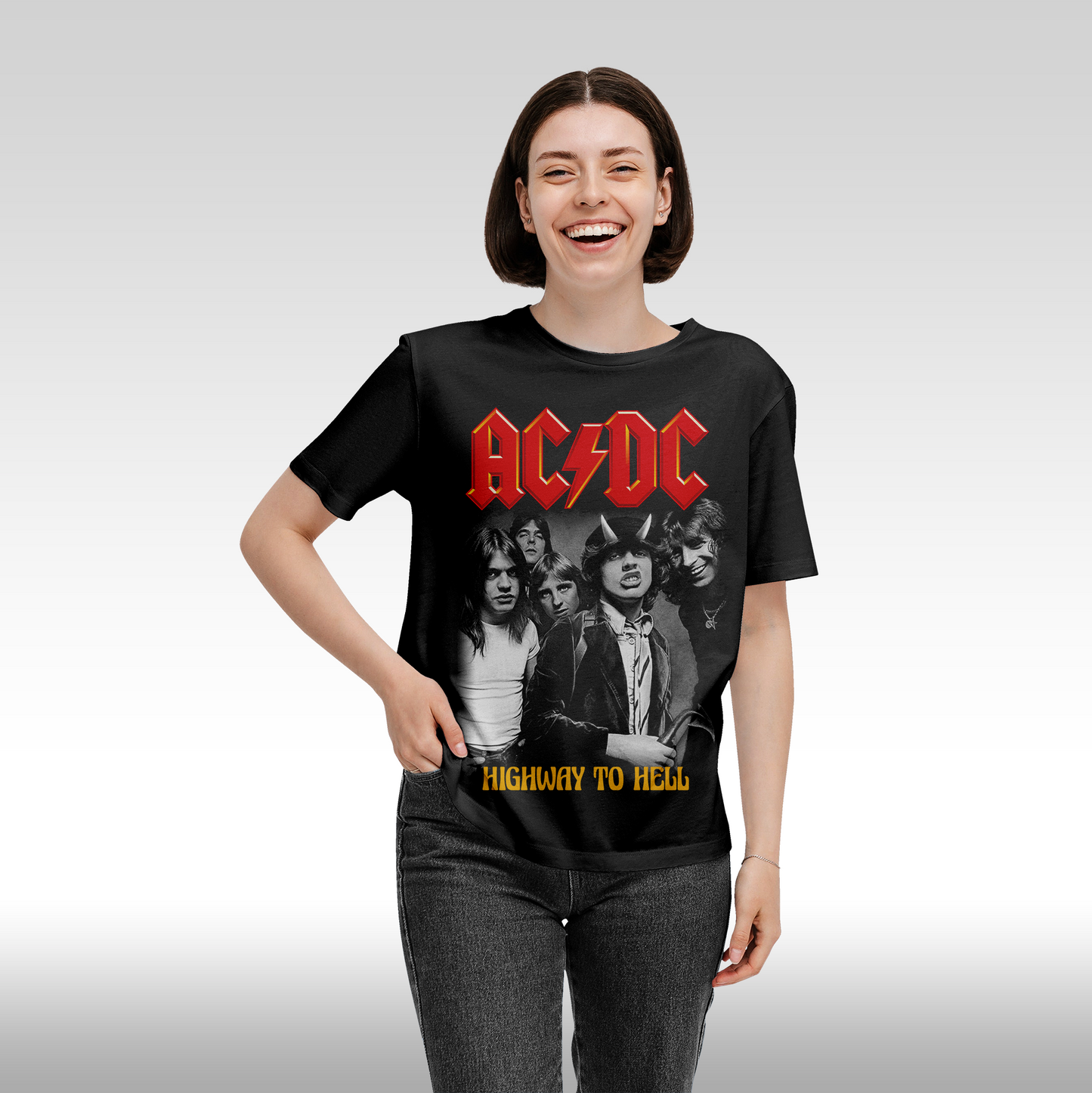 Tricou Negru personalizat bumbac Fata dama urban "AC DC Highway to Hell" streetwear
