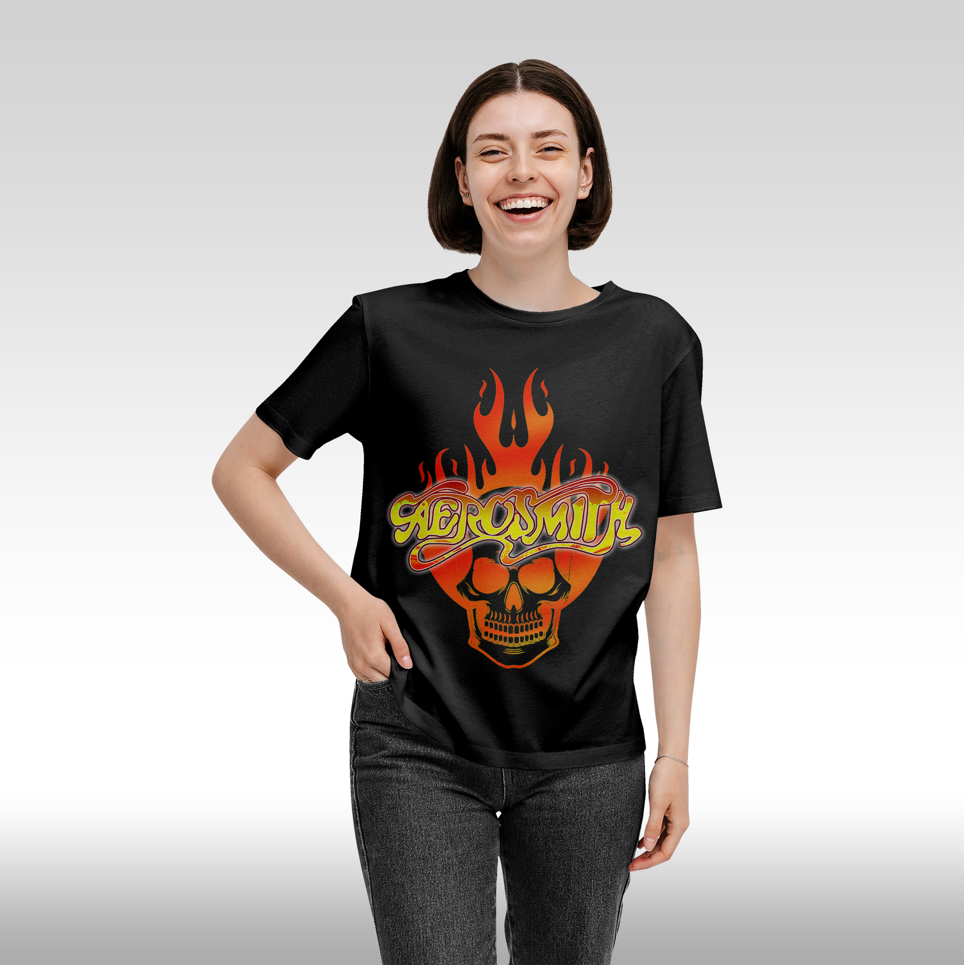 Tricou Negru personalizat bumbac Fata dama rock "Aerosmith" streetwear
