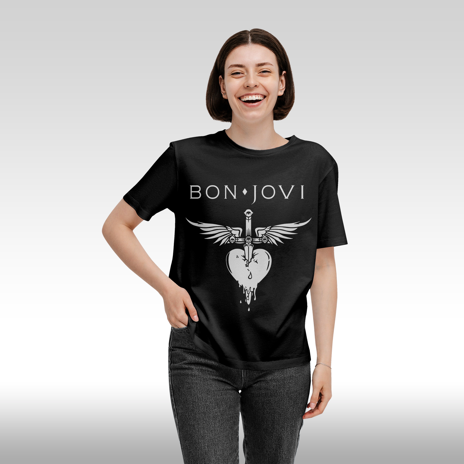 Tricou Negru personalizat bumbac Fata dama rock "Bon Jovi" streetwear
