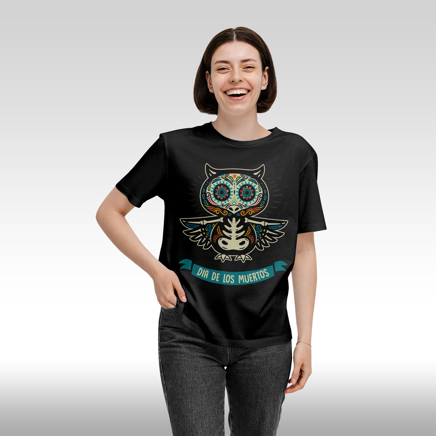Tricou Negru personalizat bumbac Fata dama urban "Dia De Los Muertos bufnita" streetwear
