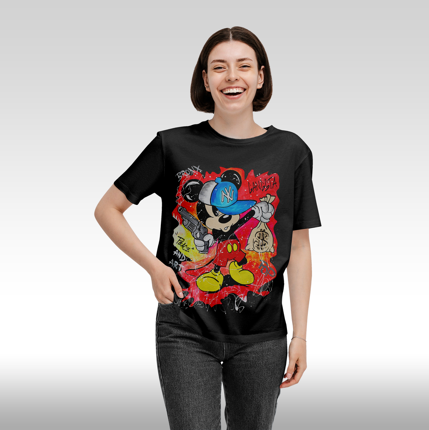 Tricou Negru personalizat bumbac Fata dama urban "Gangsta Mickey Mouse" streetwear

