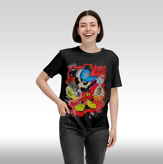 Tricou Negru personalizat bumbac Fata dama urban "Gangsta Mickey Mouse" streetwear
