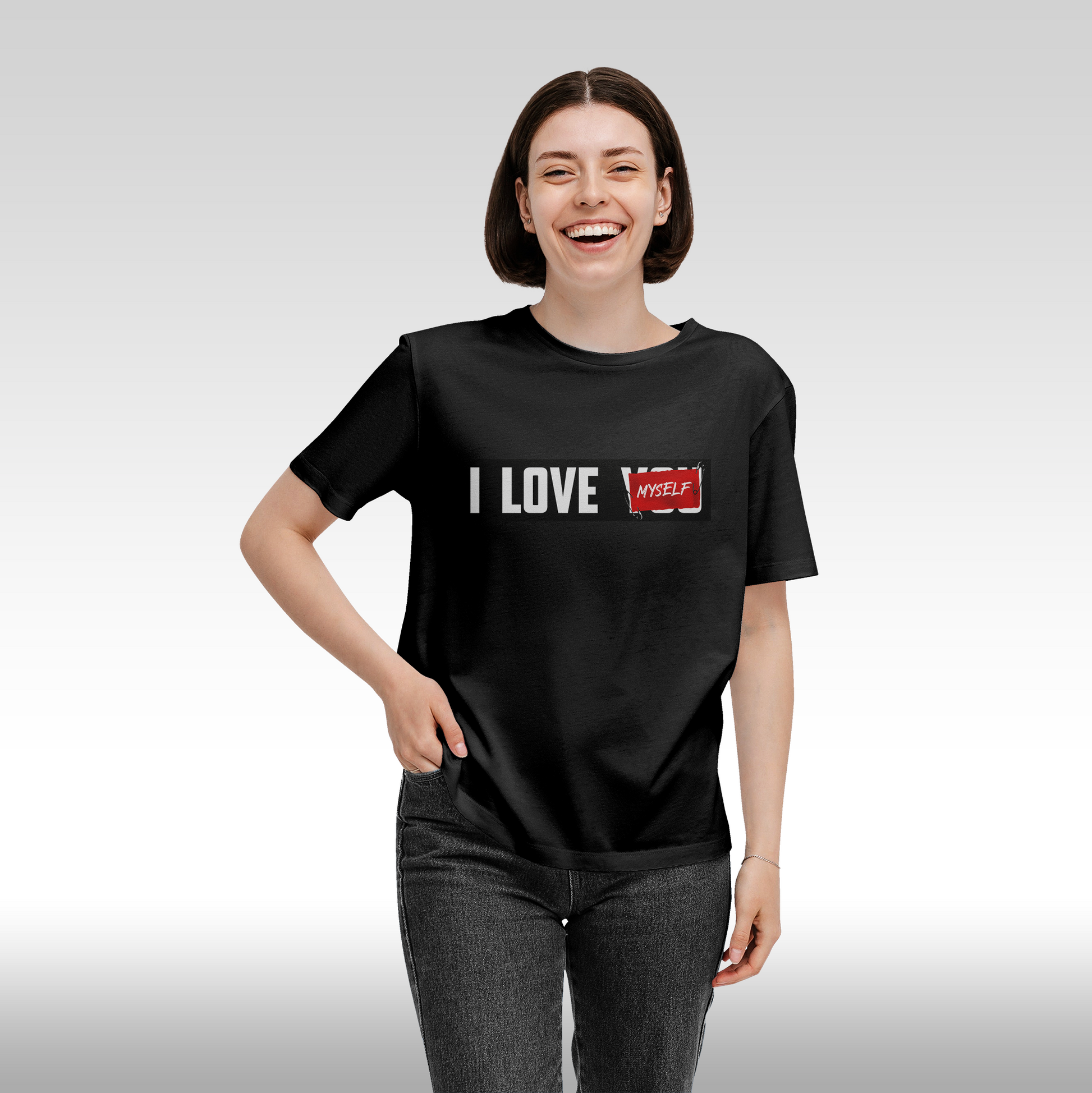 Tricou Negru personalizat bumbac Fata dama urban "I love myself" streetwear
