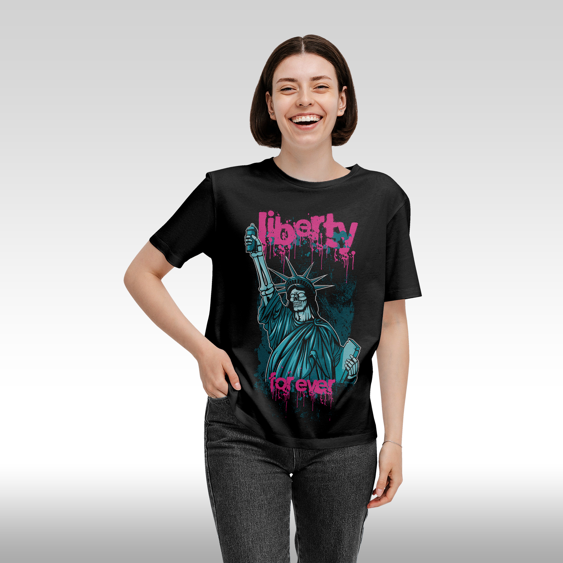 Tricou Negru personalizat bumbac Fata dama urban "Liberty Forever" streetwear
