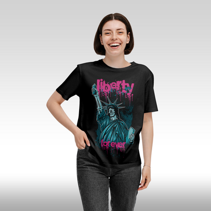 Tricou Negru personalizat bumbac Fata dama urban "Liberty Forever" streetwear

