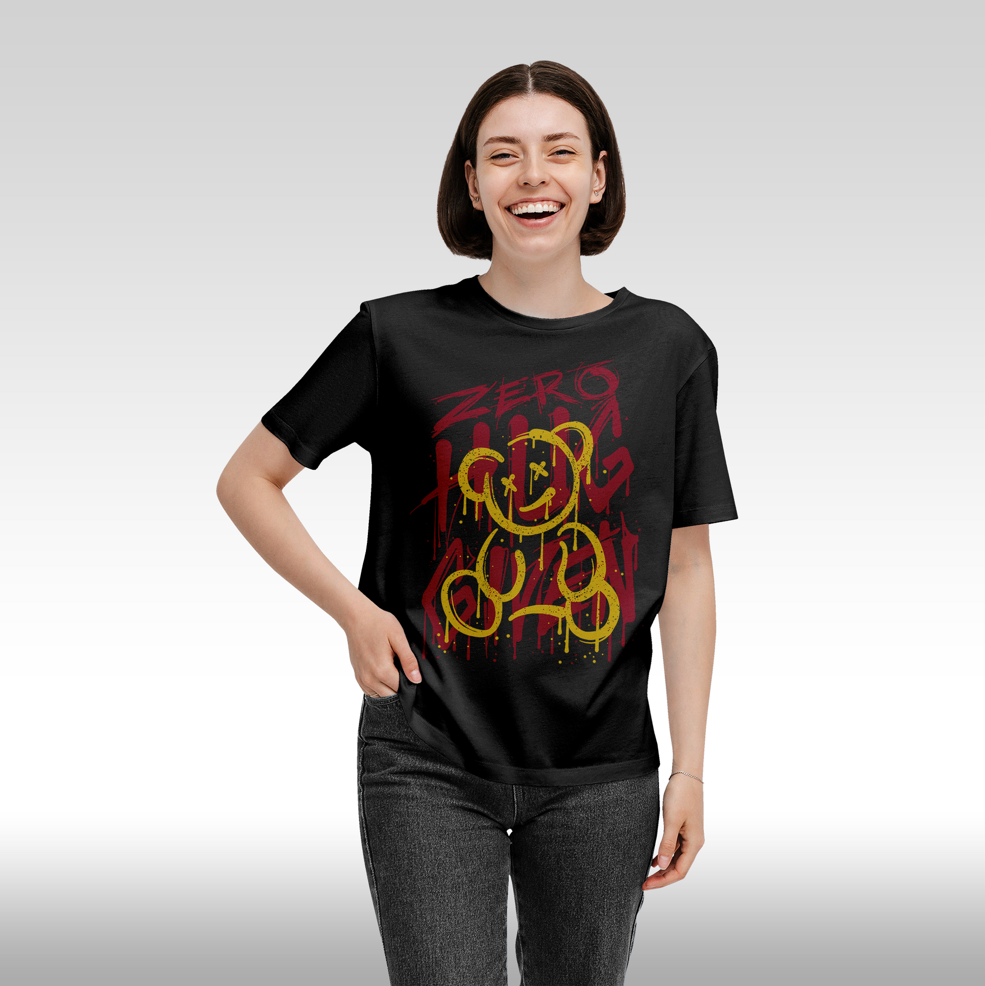 Tricou Negru personalizat bumbac Fata dama urban "Zero Hug Given" streetwear
