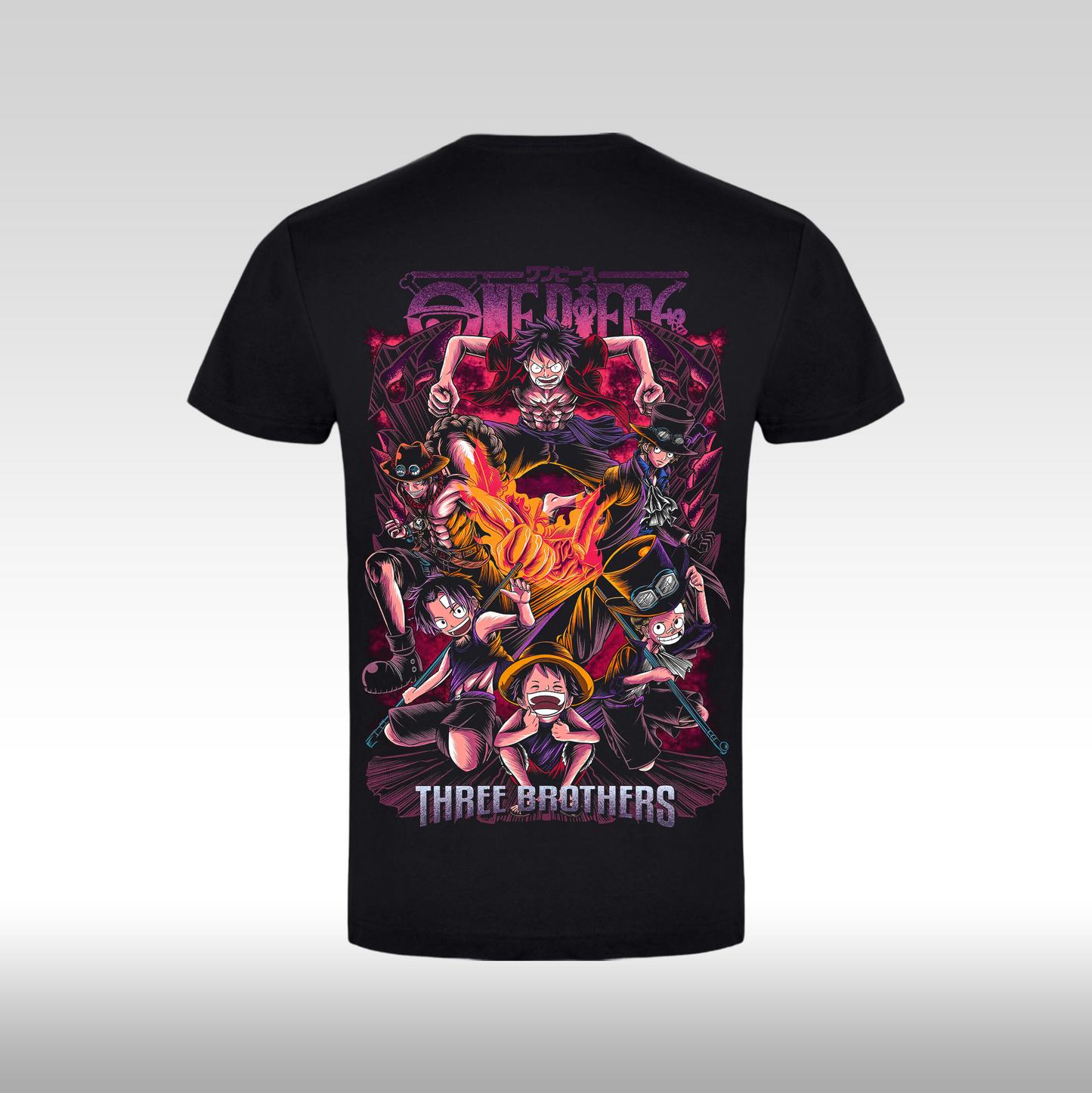 Tricou Negru personalizat bumbac Spate anime "One Piece: Three Brothers" streetwear